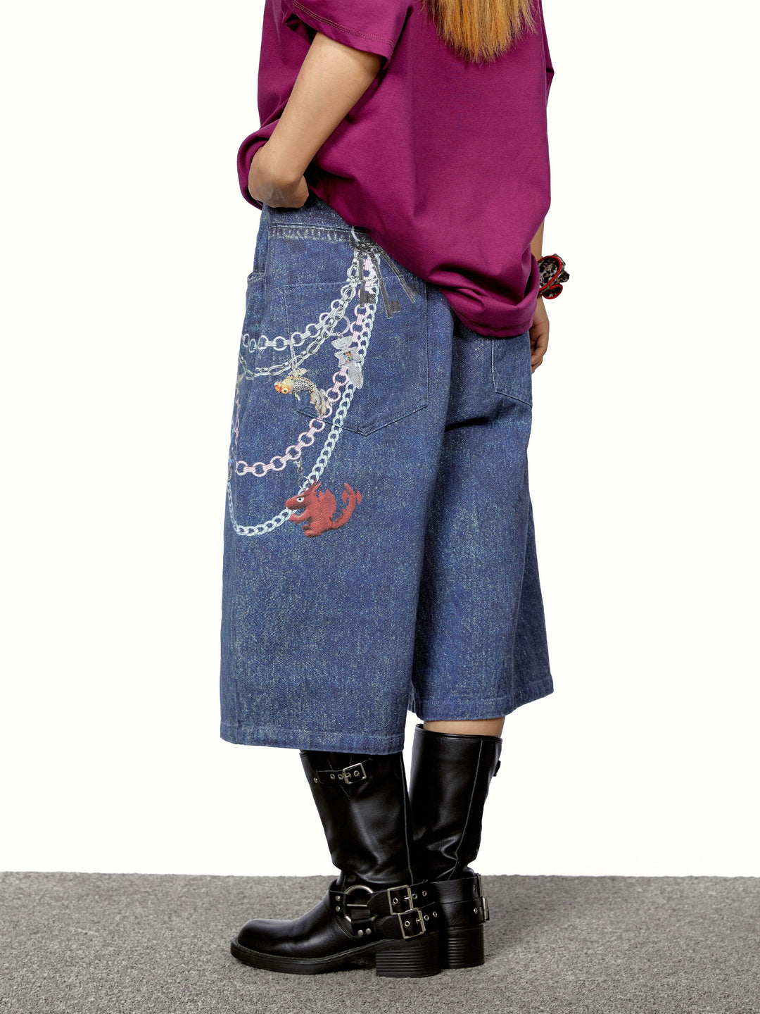 3D Chain Print Wide-Leg Denim Pants
