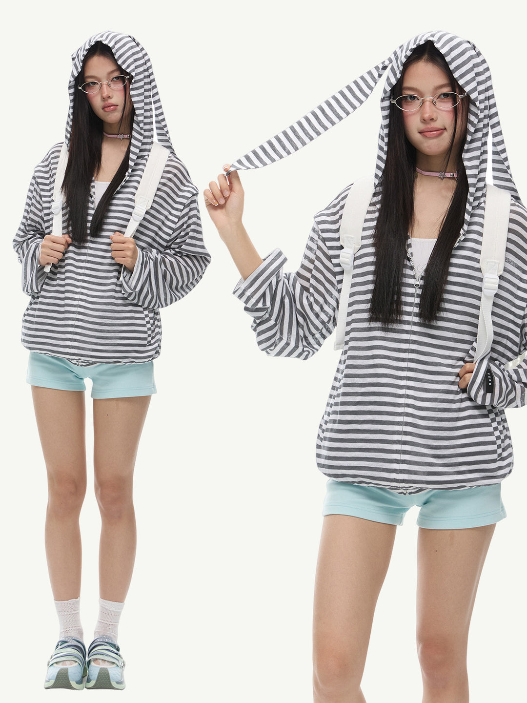 Striped Rabbit Ear Detachable Cardigan Sweater