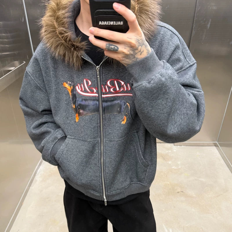 Bontkraag Hondenprint Hoodie Cardigan 