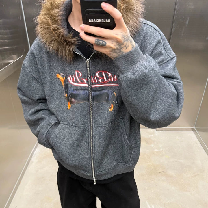 Bontkraag Hondenprint Hoodie Cardigan 