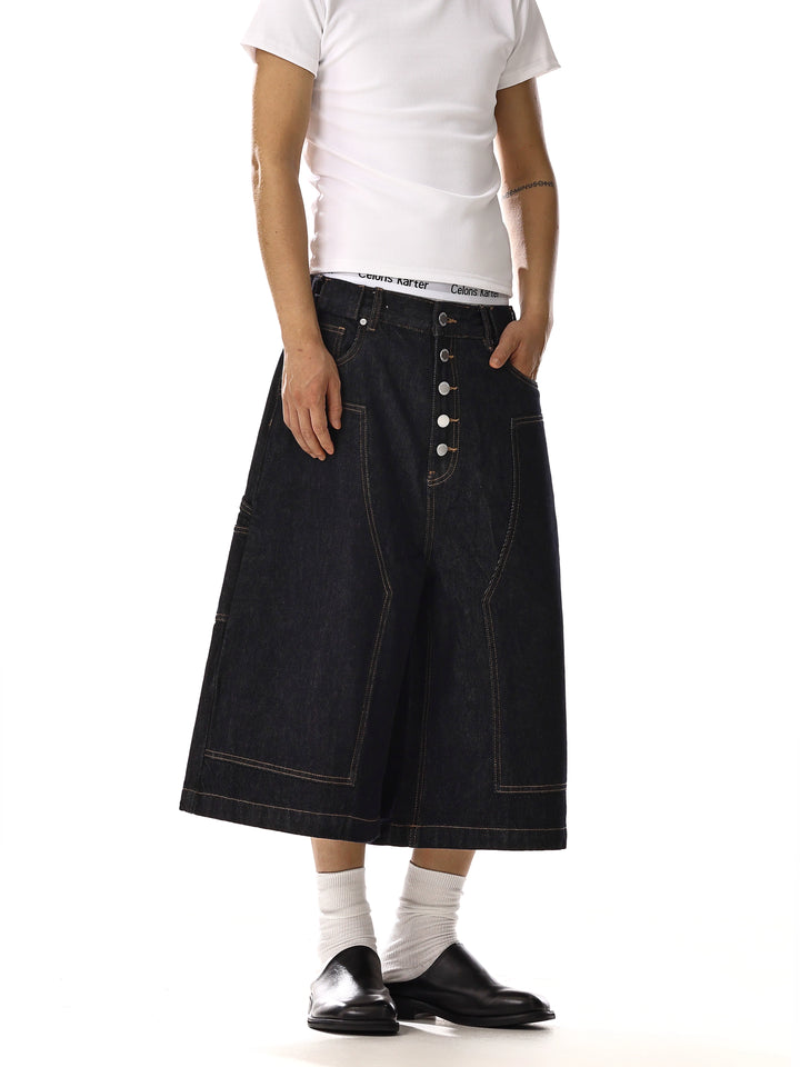 Calças de Trabalho em Denim Cropped de Perna Larga 