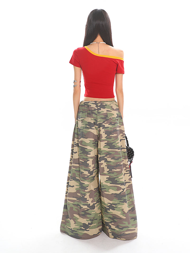 Off-Shoulder Letter Print Slim T-shirt