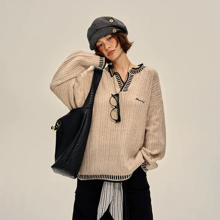 Retro Strikket V-hals Genser Pullover 