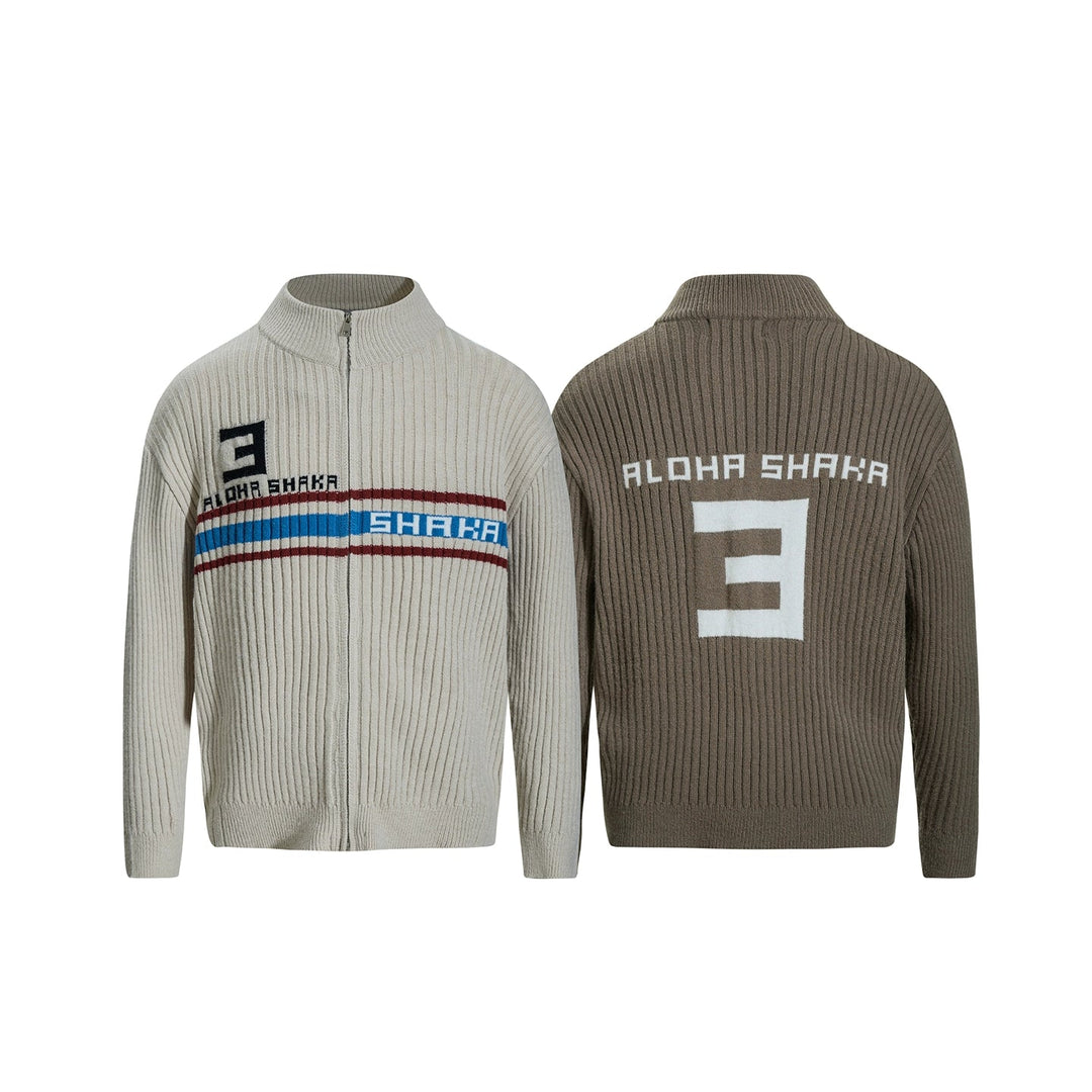 Letter Jacquard Stand Collar Knit Cardigan