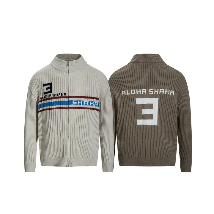 Letter Jacquard Stand Collar Knit Cardigan