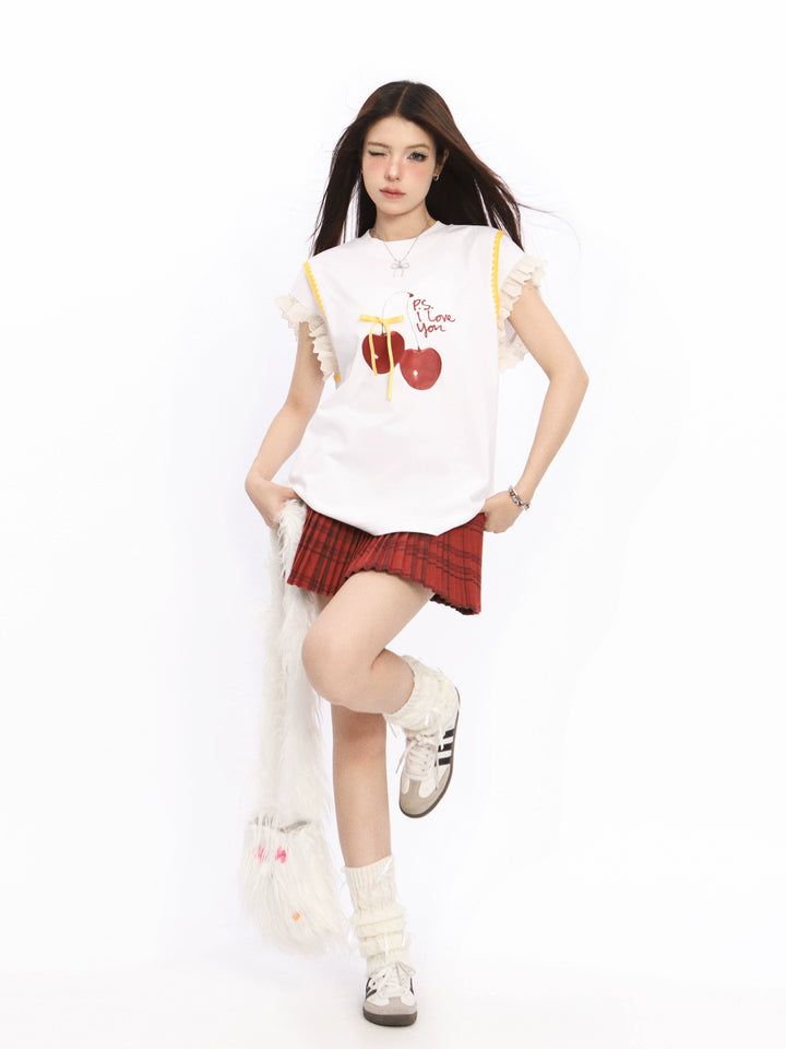 Lace Sleeve Cherry Graphic T-shirt