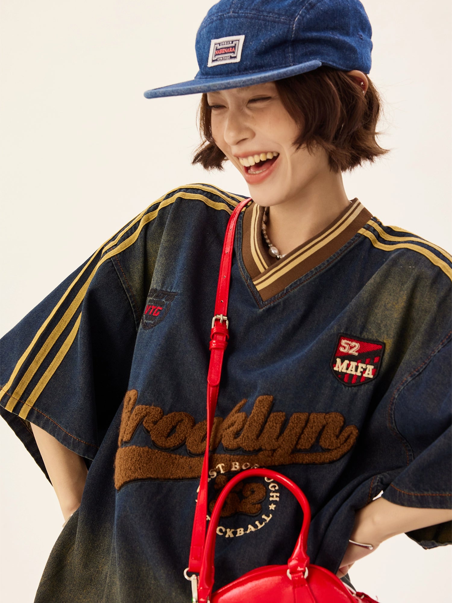 V-neck Washed Denim Loose T-shirt