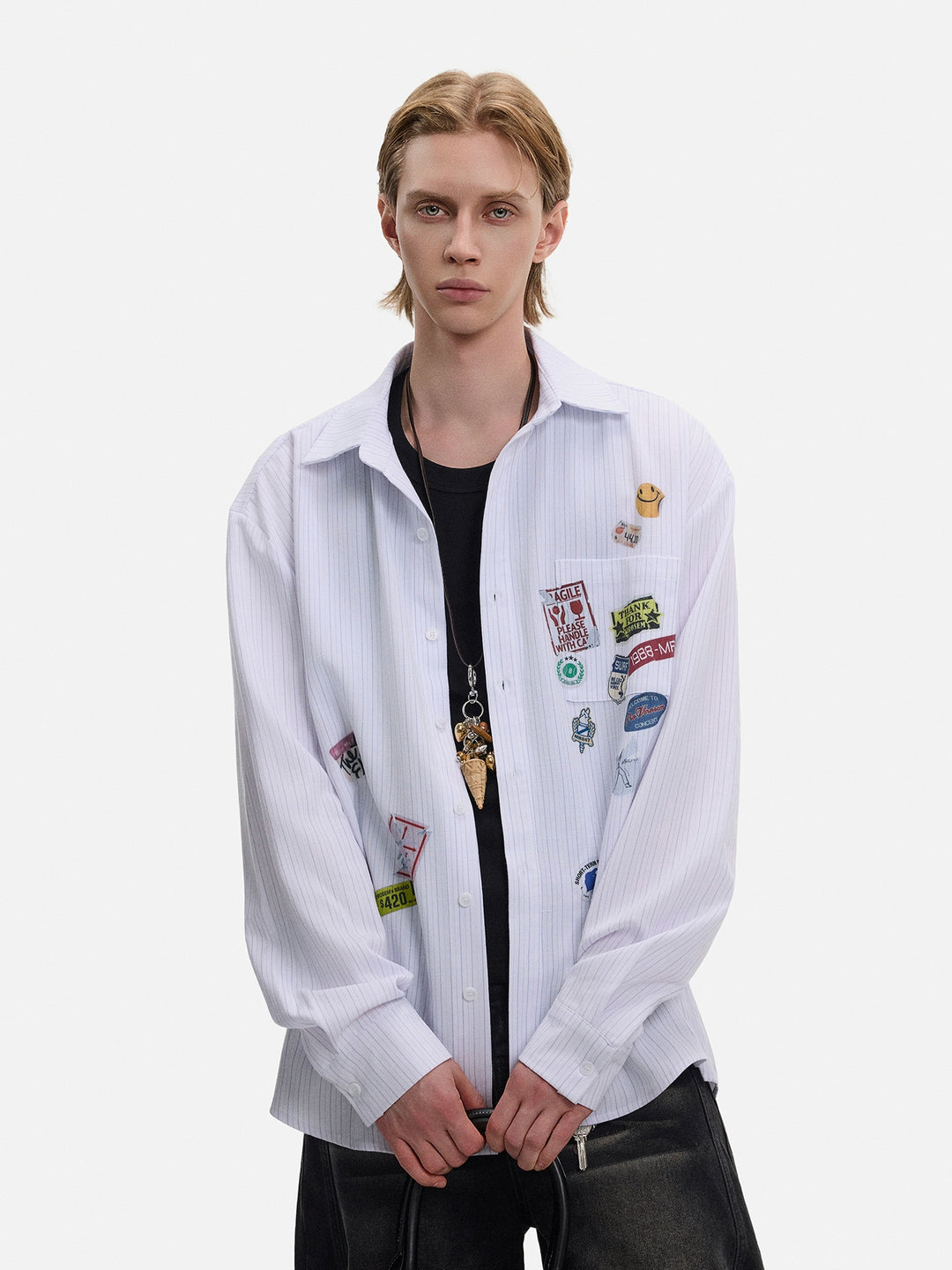 Striped Long-Sleeve Sticker Patch Shirt