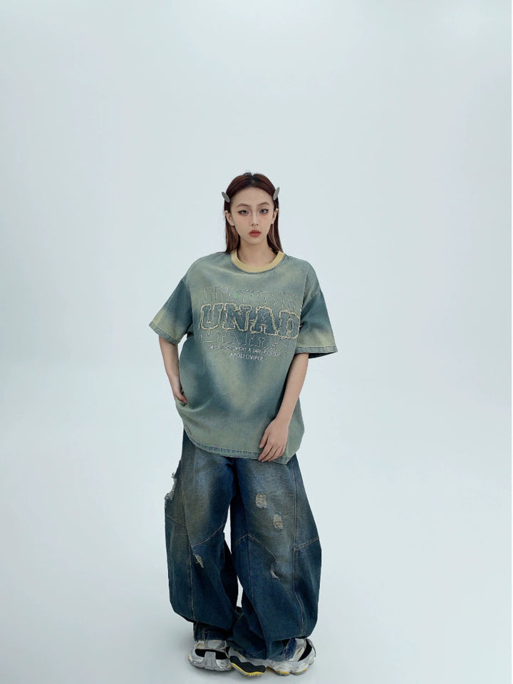Denim Embroidered Patch Short Sleeve T-shirt