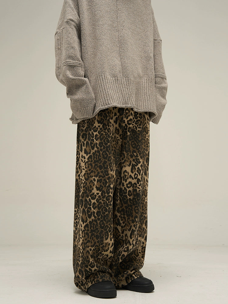 Pantalones casuales de pierna ancha con estampado de leopardo 