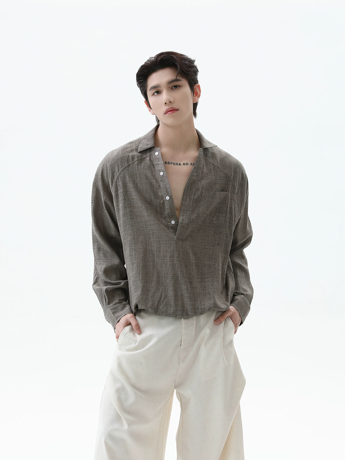 V-Neck Raglan Sleeve Button Shirt