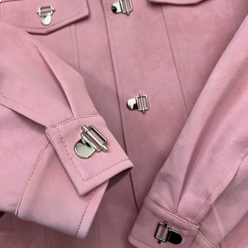 Ležérní kožená bunda s krátkým rukávem a kulatým výstřihem 