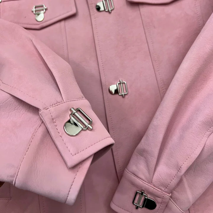 Ležérní kožená bunda s krátkým rukávem a kulatým výstřihem 