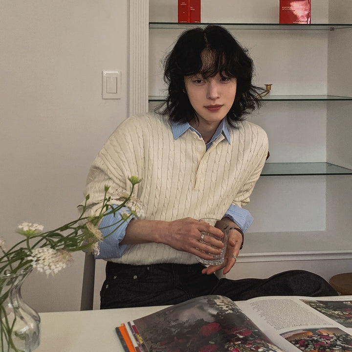 Svetr s pleteným vzorem Henry Collar Cable Knit 