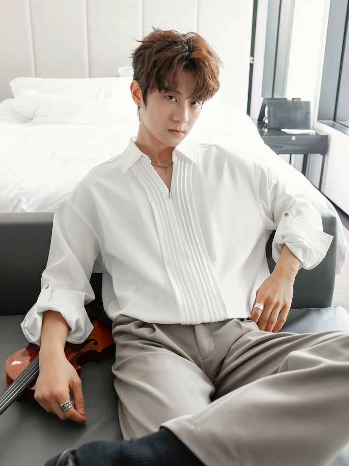브이넥 긴팔 주름 셔츠 