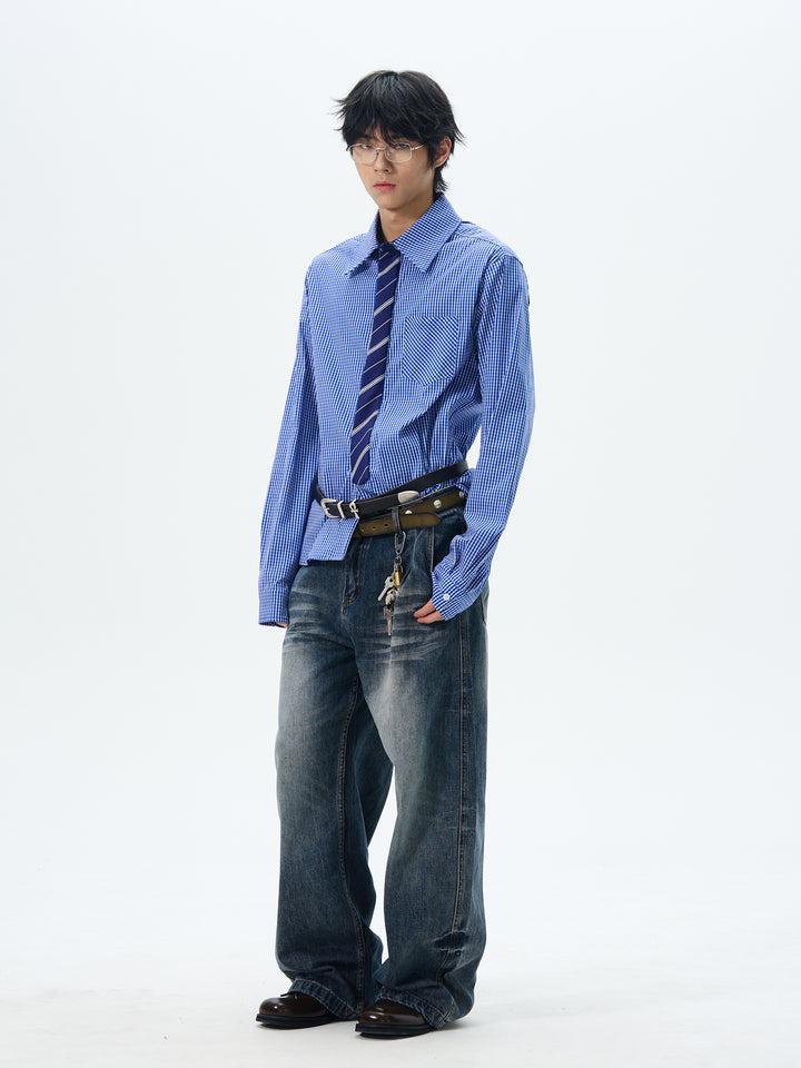 Plaid Long-Sleeve Shirt with Tie