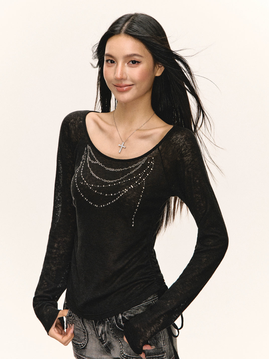 Sheer Long Sleeve Scoop Neck Top