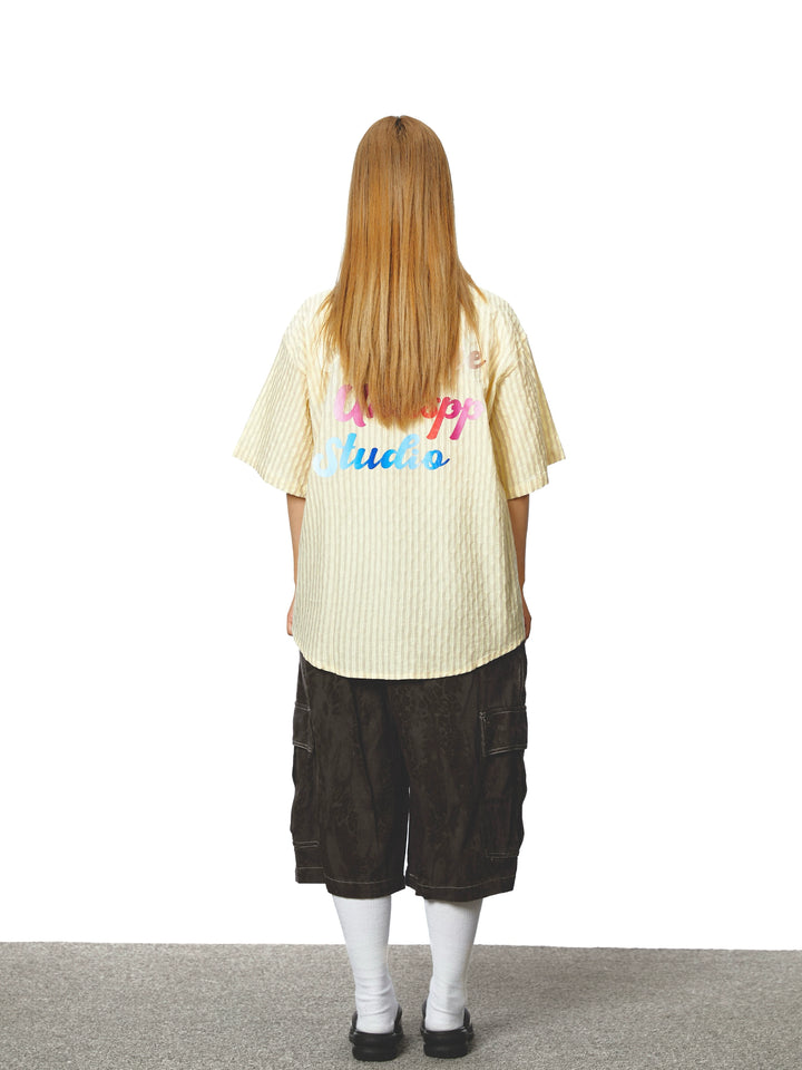 Striped Lapel Short Sleeve Loose Shirt