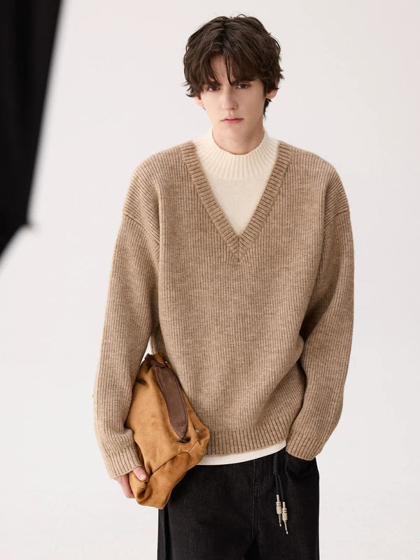 Faux Layered Turtleneck V-Neck Knit Sweater