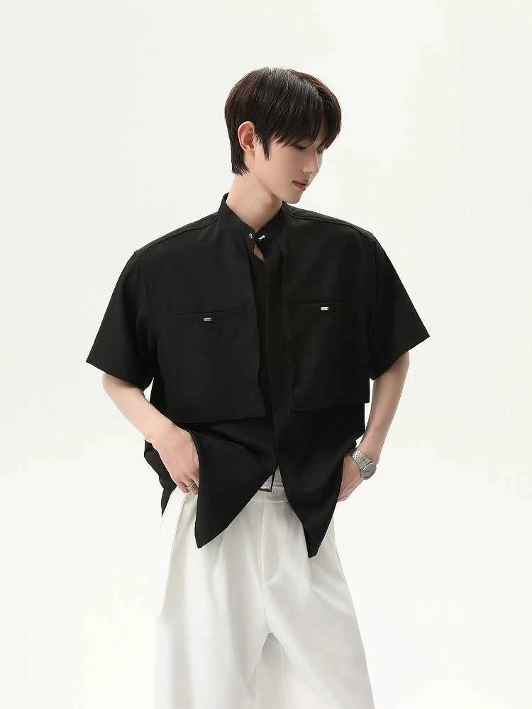 Stand Collar Double Pocket Short Sleeve Shirt