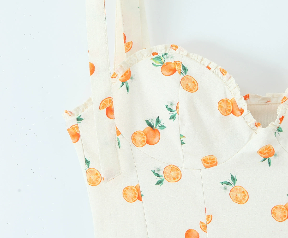 Fruit Print Poplin Sundress with Tie Straps