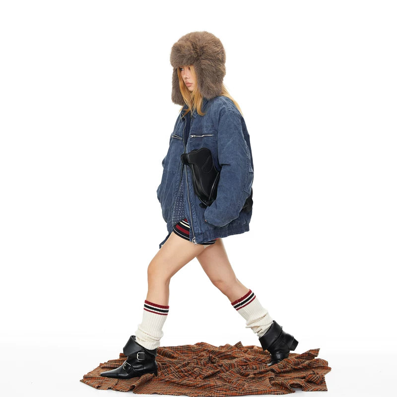 Washed Distressed Zipper Denim Jacket