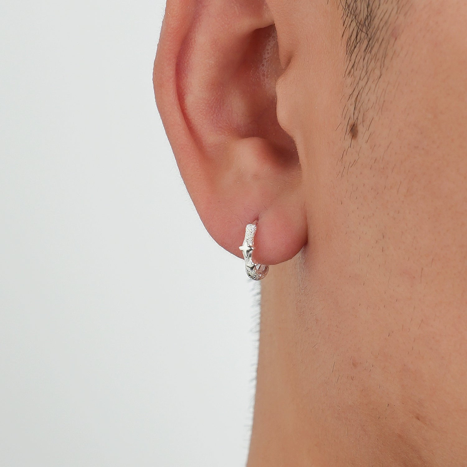 Sterling Silver Star Texture Hoop Earrings