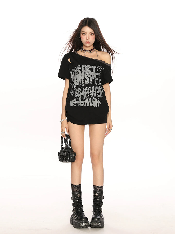 T-shirt Punk Graffiti à épaule dénudée déchirée 
