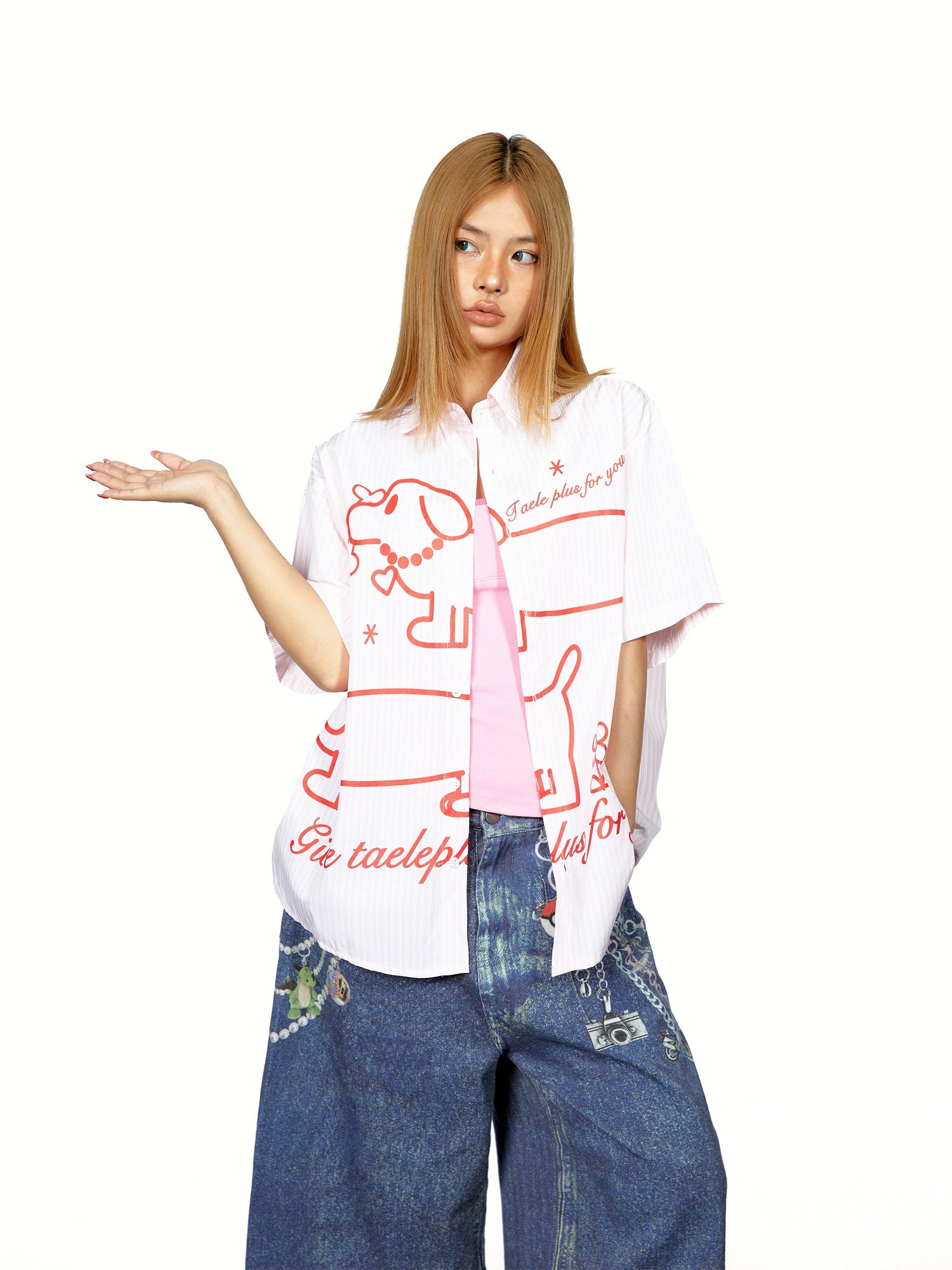 Dikey Çizgili Dachshund Baskılı Gömlek 