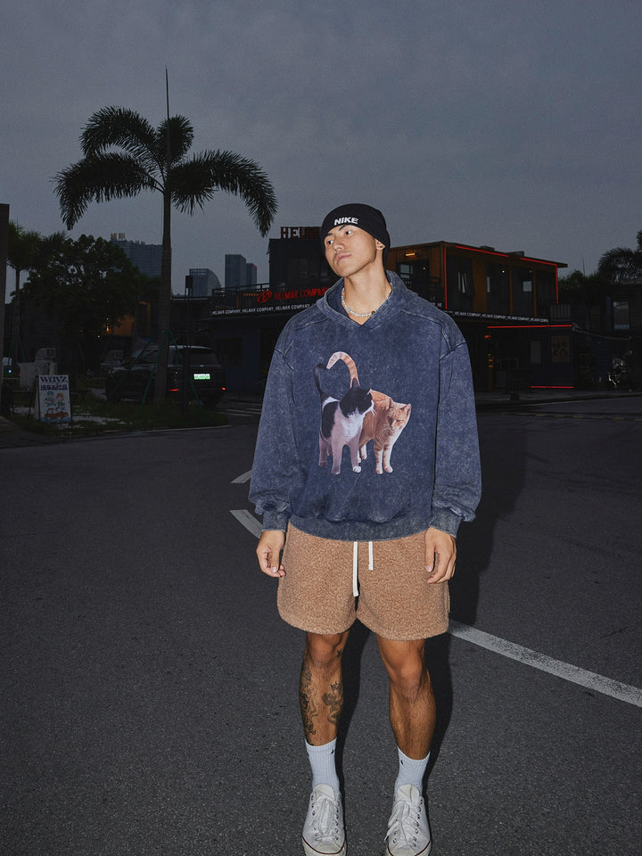 Cat Print Hooded Sweatshirt