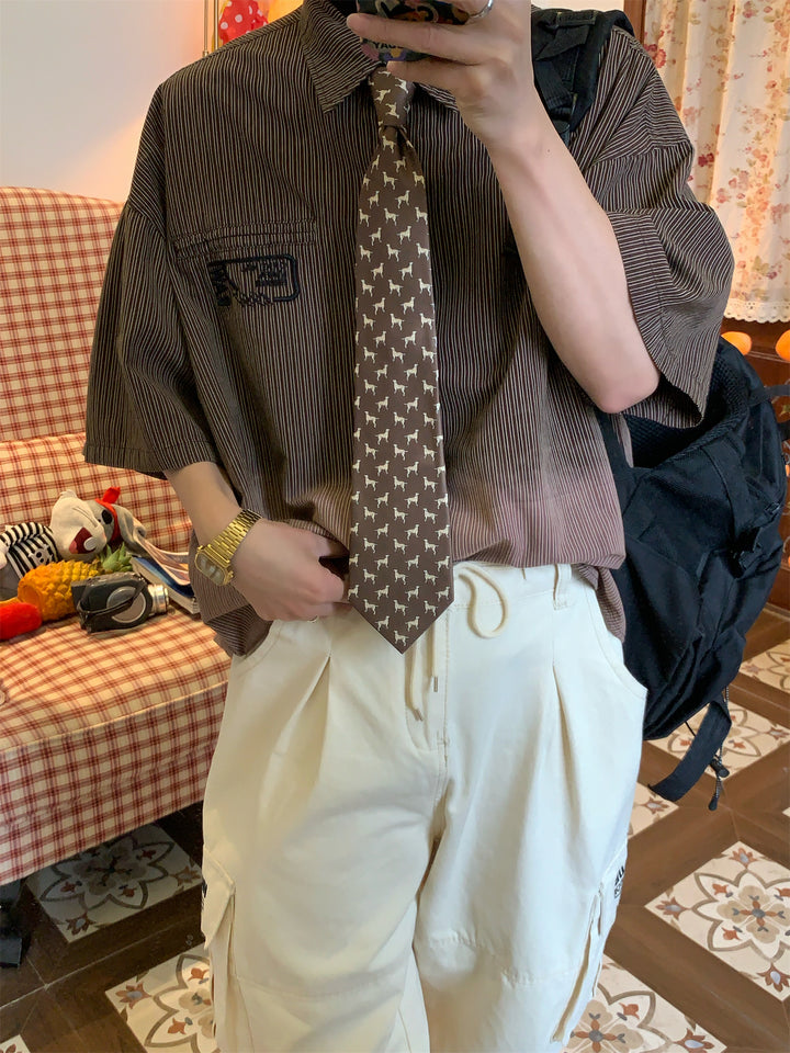 Dark BrownStriped Short-Sleeved Shirt