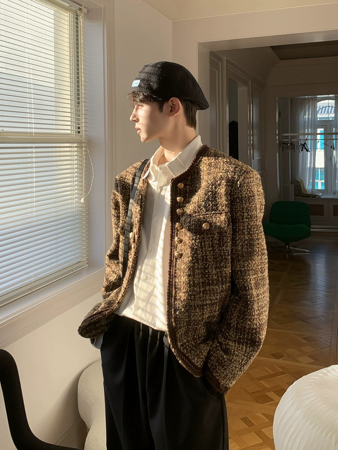 جاكيت كاجوال فضفاض من قماش التويد المنسوج 