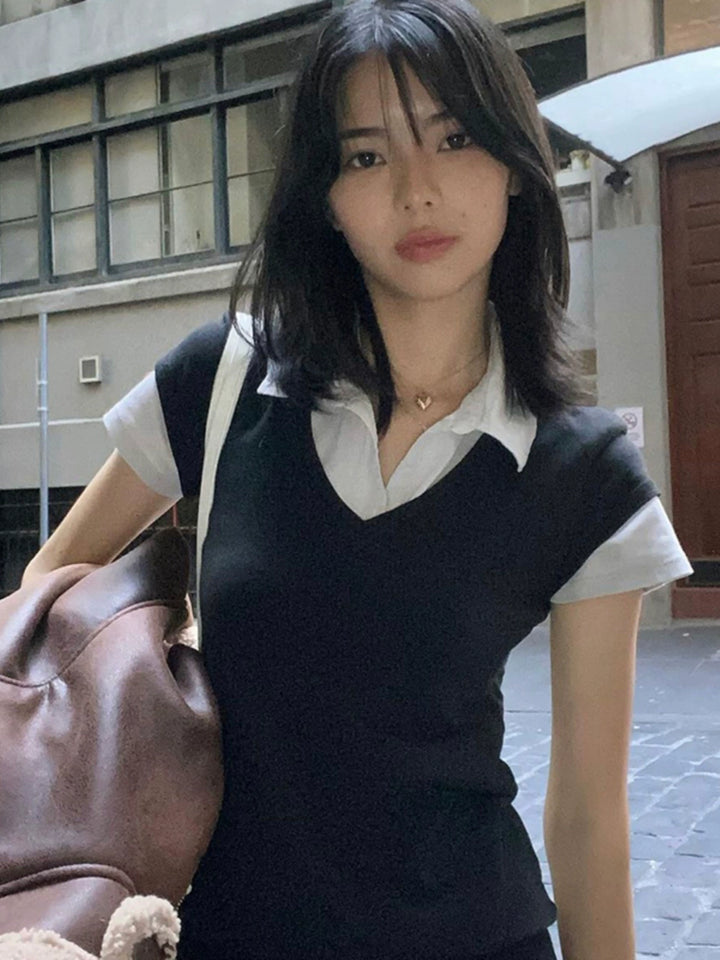 Polo Collar Spliced Short Sleeve Top