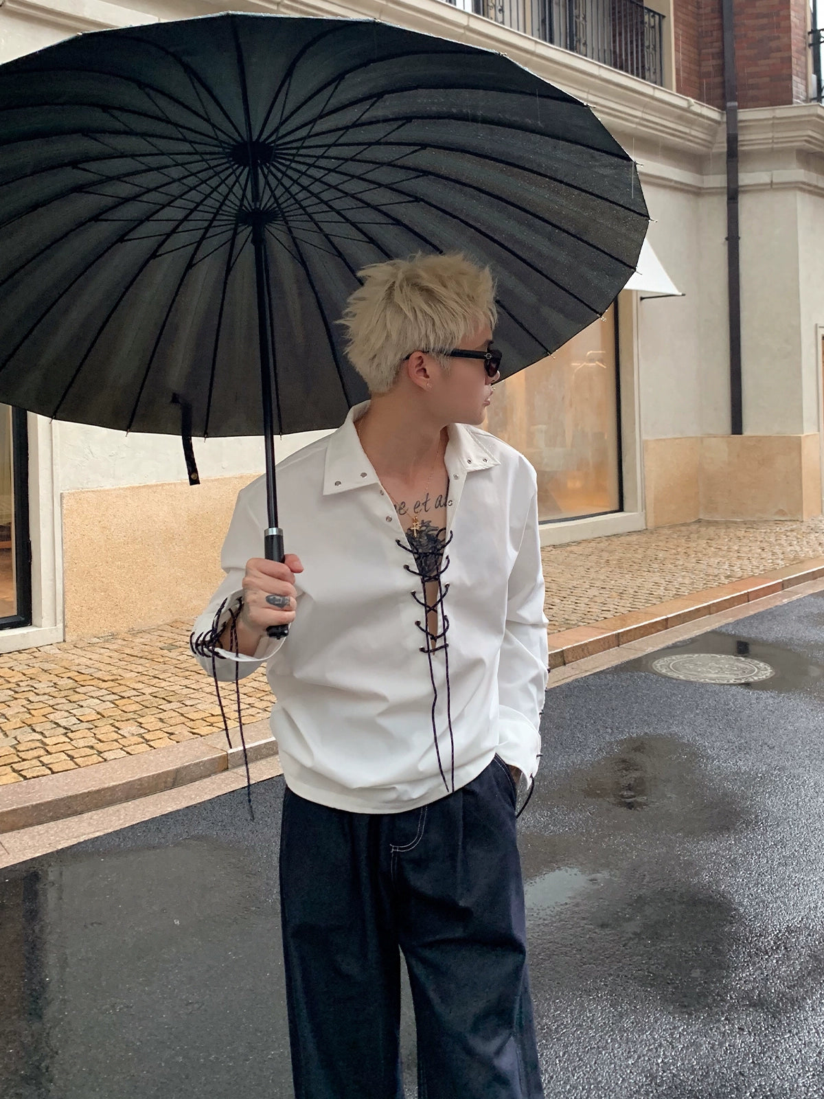 Dantel Bağlama Derin V Yaka Bol Polo Tişört 