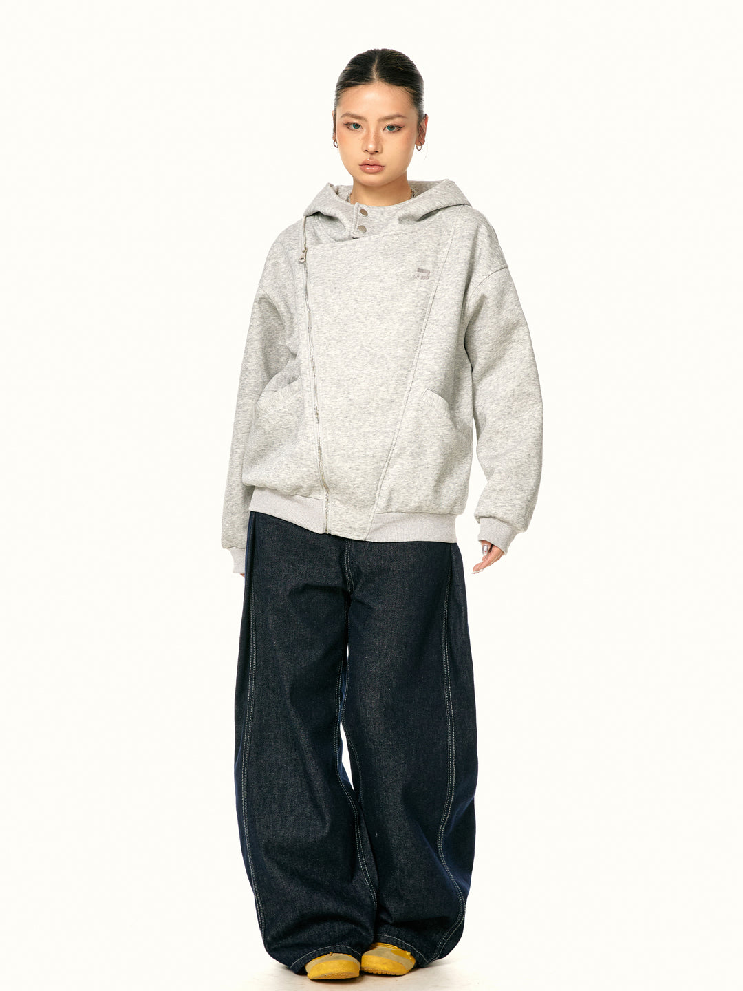 Interactive Oblique Zipper Hooded Sweatshirt