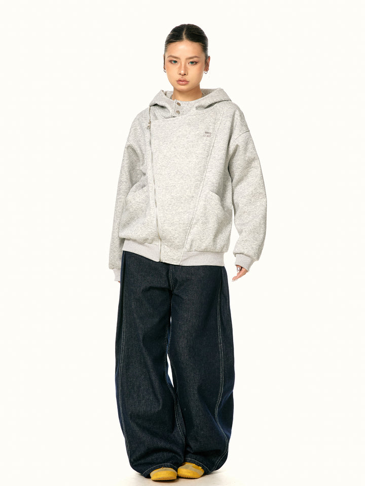 Interactive Oblique Zipper Hooded Sweatshirt