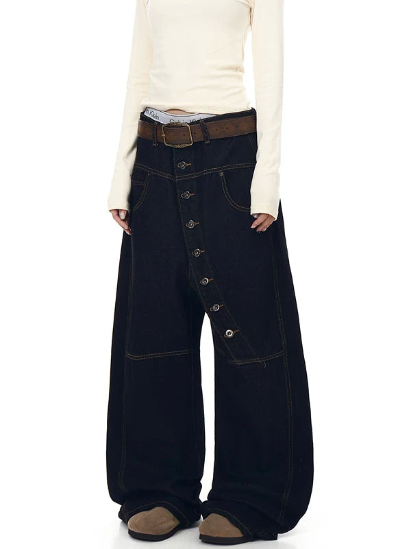 Geniş Paça Deconstructed Düğmeli Ön Denim Pantolon 