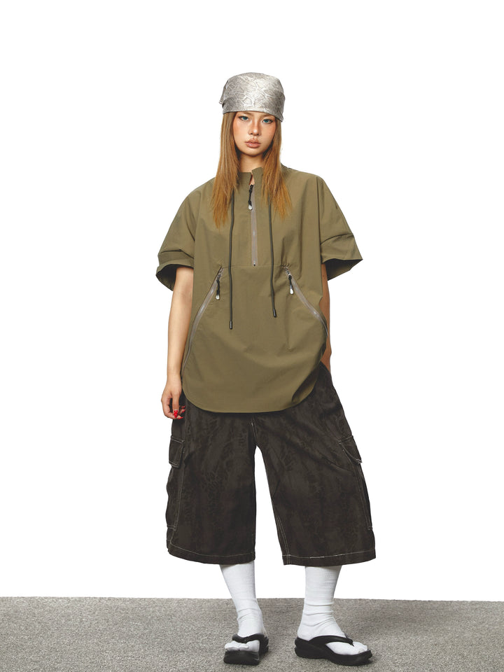 Half Zip Stand Collar Short Sleeve Top
