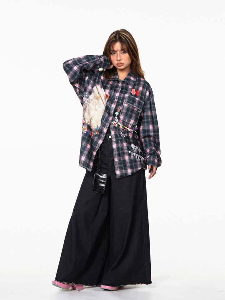 Plaid Cat Long Sleeve Casual Shirt