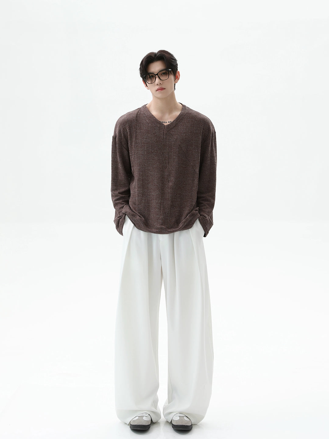 V-Neck Textured Knit Loose Pullover