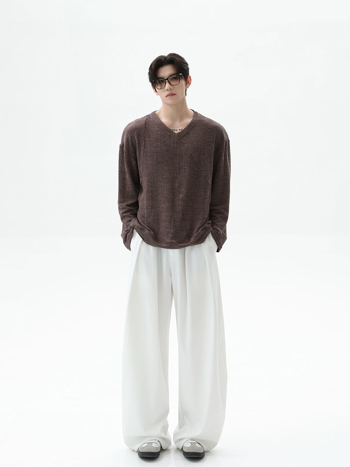 V-Neck Textured Knit Loose Pullover