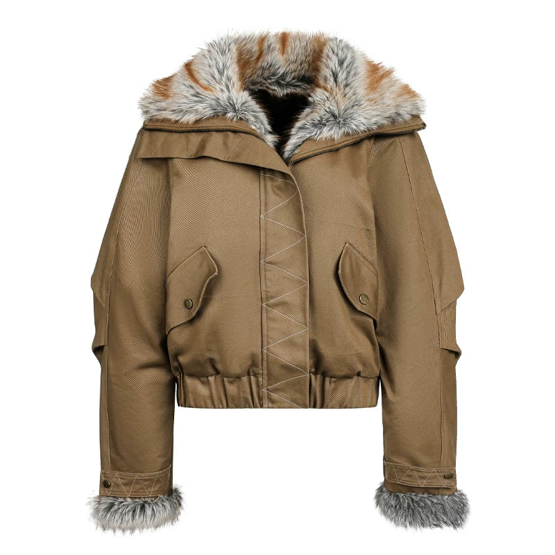 جاكيت قطن عتيق مع ياقة من الفرو كبيرة الحجم 