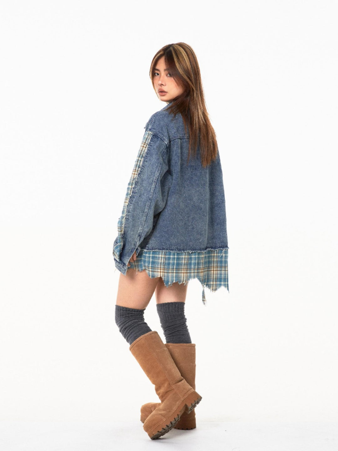 Kariertes gestepptes Denim-Jacke 