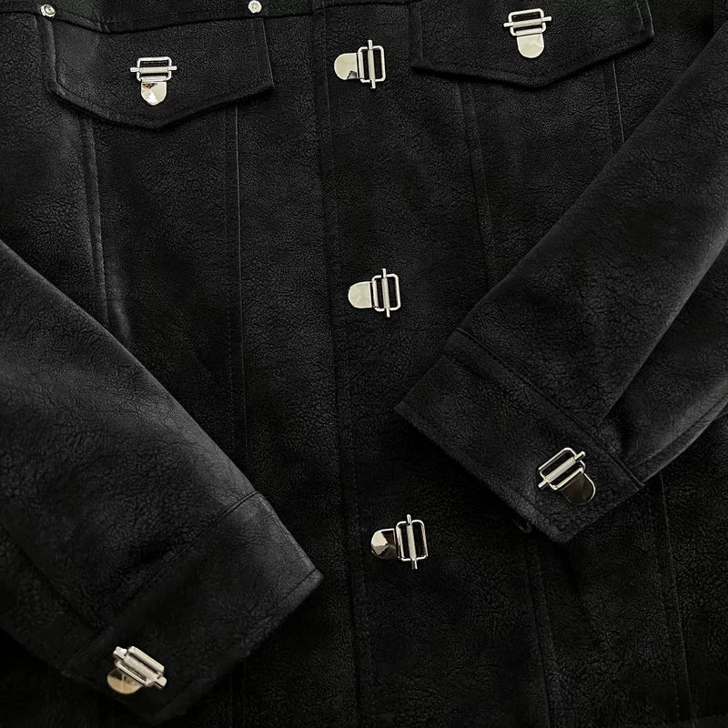 Ležérní kožená bunda s krátkým rukávem a kulatým výstřihem 