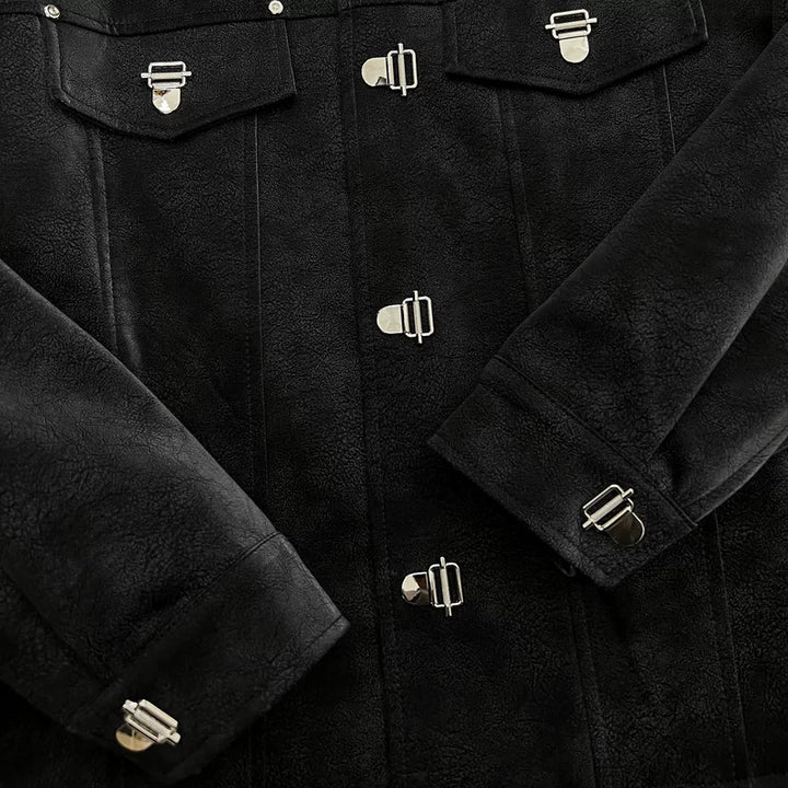 Ležérní kožená bunda s krátkým rukávem a kulatým výstřihem 