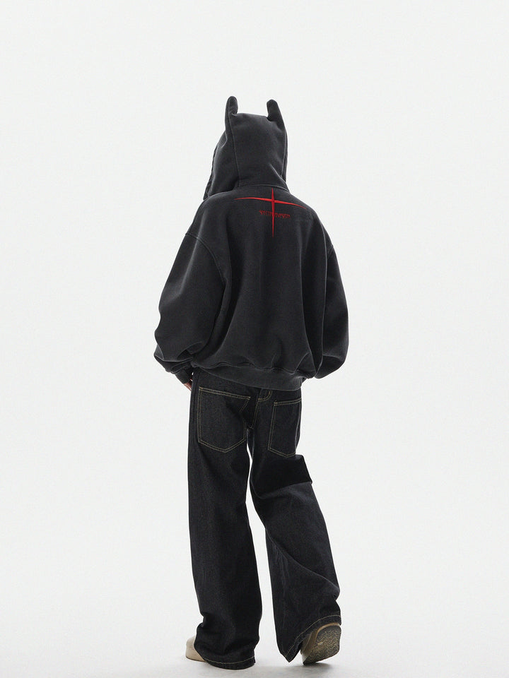 Vasket Djevel Horn Zip Up Hoodie 