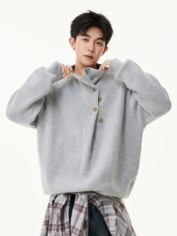 Button Front High Neck Knit Sweater