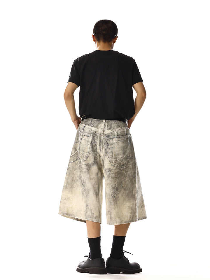 Cropped Wide-Leg Distressed Denim Pants