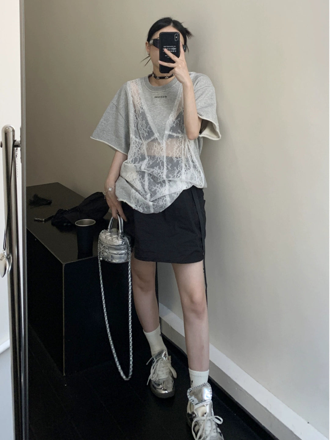 Mesh Lace Overlay Short Sleeve T-shirt