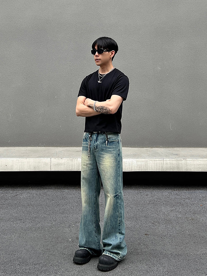 Blue Denim Slim-Fit Flared Pants